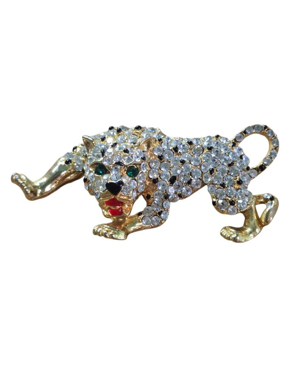 Vintage 1990s Leopard Brooch Crystal Enamel Goldtone Stunning 2.5"x1"